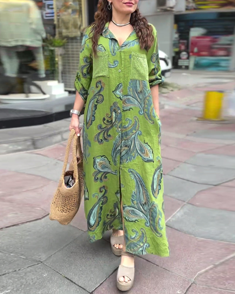 Lapel buttoned printed pocket slit long dress casual dresses spring summer