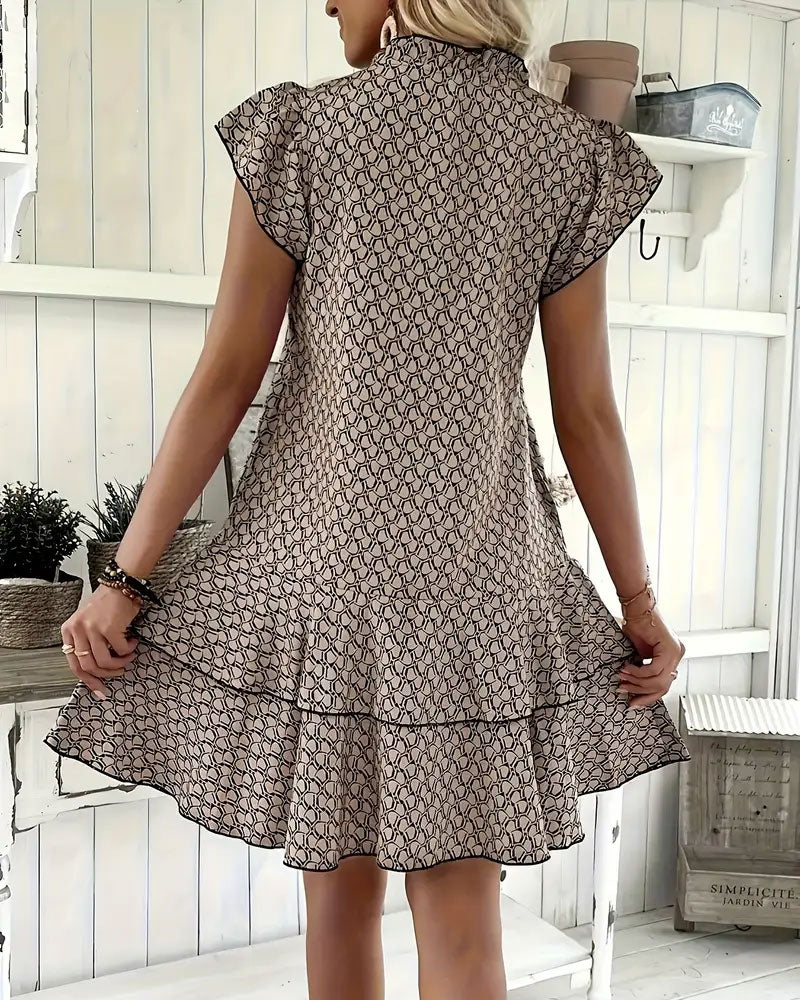 Ruffled Geometric Print Tie Dress