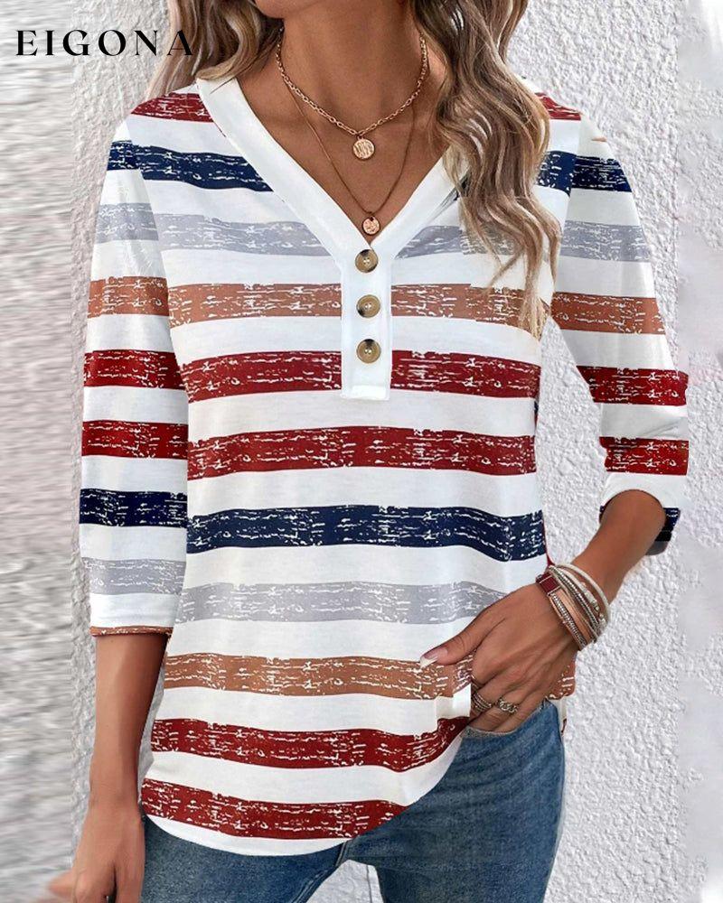 Colorful striped V-neck buttoned casual top Blouses & Shirts Spring Summer