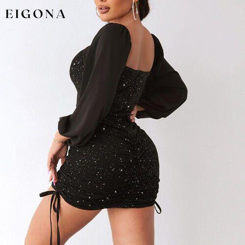 Square Neck Drawstring Ruched Sequin Long Sleeve Short Dress clothes D%W dress dresses formal dress formal dresses long sleeve dress long sleeve dresses mini dress sequin dress Ship From Overseas short dresses