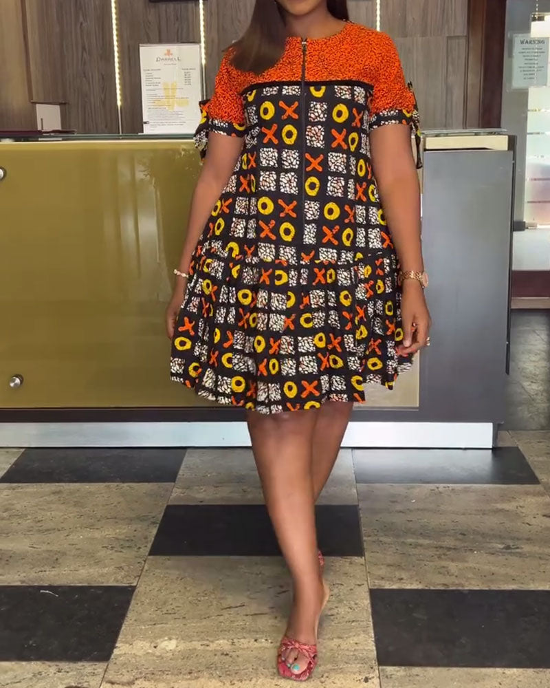 Half-Zip Vintage Contrast Print Dress