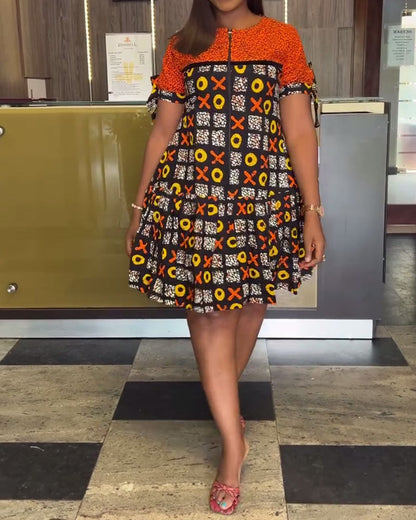 Half-Zip Vintage Contrast Print Dress