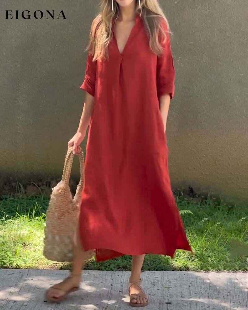 V-neck solid color pocket comfort dress casual dresses cotton and linen spring summer