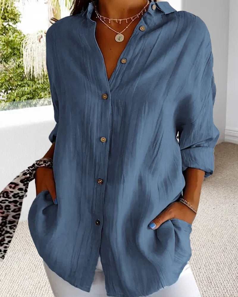 Casual solid color V-neck buttoned long-sleeve shirt 2024 f/w blouses & shirts spring