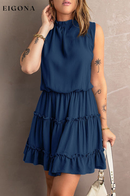 Tie Neck Frill Trim Sleeveless Mini Dress Dark Navy clothes dress dresses mini dress Ship From Overseas SYNZ