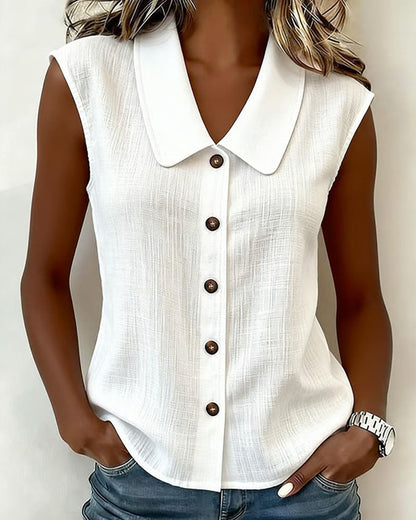 Sleeveless Lapel Linen-Cotton Shirt