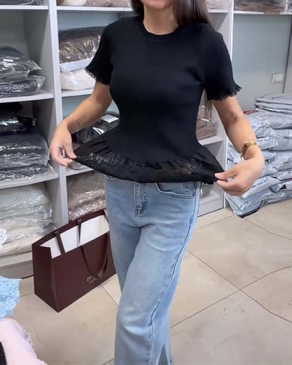 Solid Color Patchwork Ribbed Top