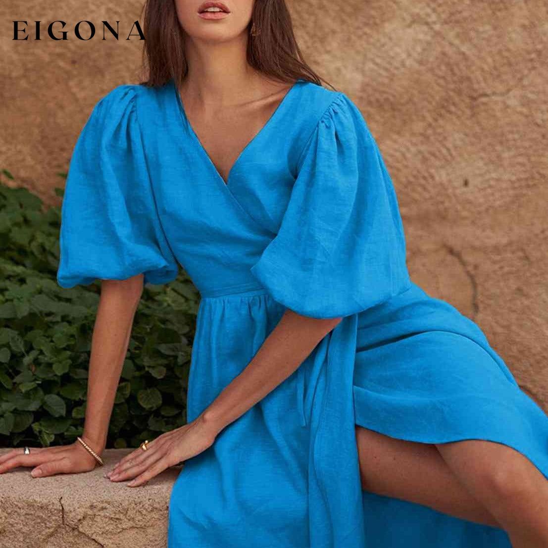 Surplice Balloon Sleeves Slit Short Sleeve Tied Dress buy this casual dresses clothes dresses Maxi maxi dress maxi dresses Q@S Ship From Overseas short dresses