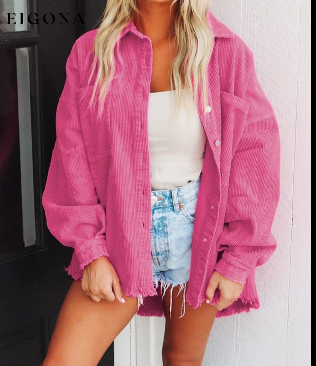 Bright Pink Corded Dual Chest Pocket Raw Hem Shacket All In Stock Category Shacket clothes Color Pink Craft Distressed EDM Monthly Recomend Fabric Corduroy Occasion Daily Print Solid Color Season Fall & Autumn Style Southern Belle