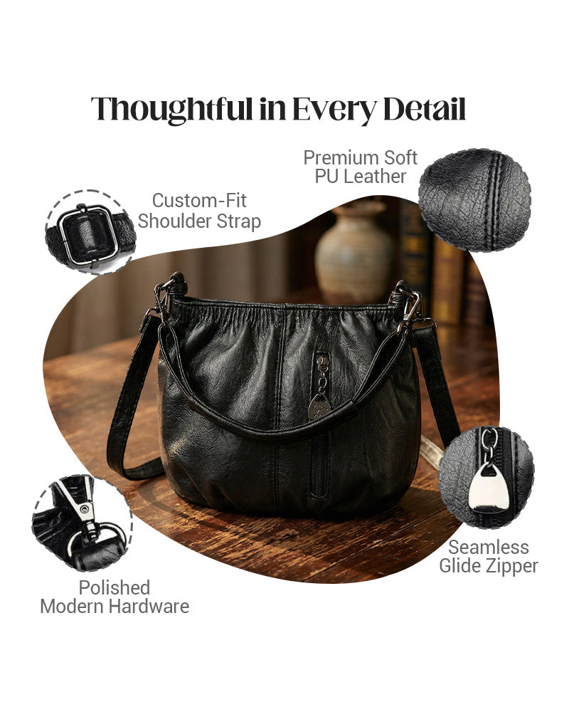Casual Pleated Bucket Soft Leather Handbag