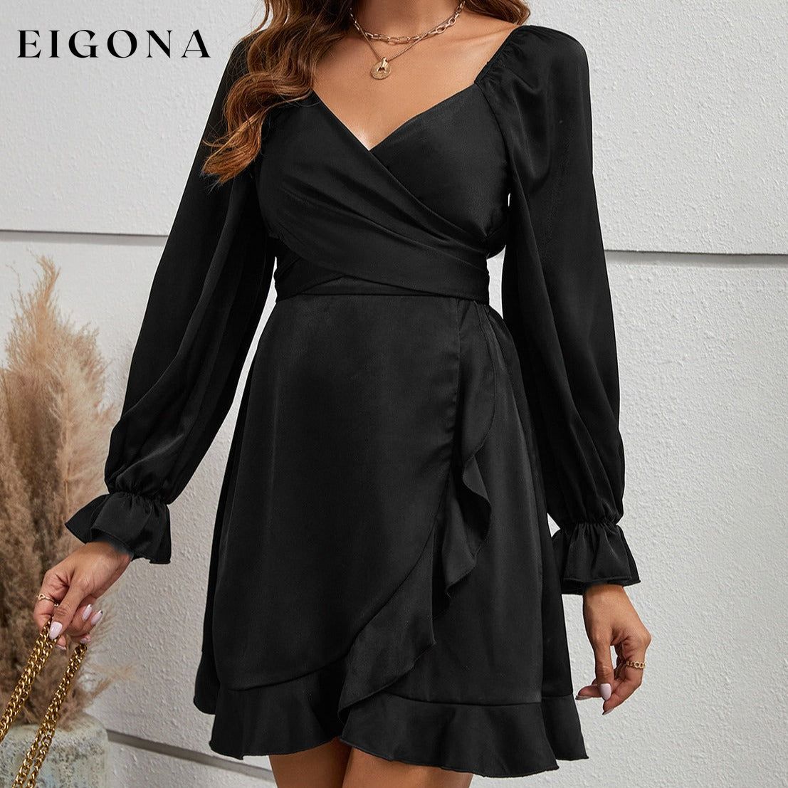 Flounce Sleeve Ruffled Mini Dress Black clothes dress dresses Hanny long sleeve dress mini dress ruffled dress Ship From Overseas Shipping Delay 09/29/2023 - 10/04/2023