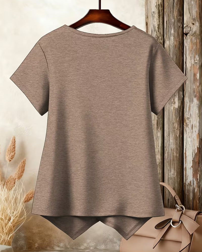 Solid Color Round Neck Irregular Hem T-Shirt