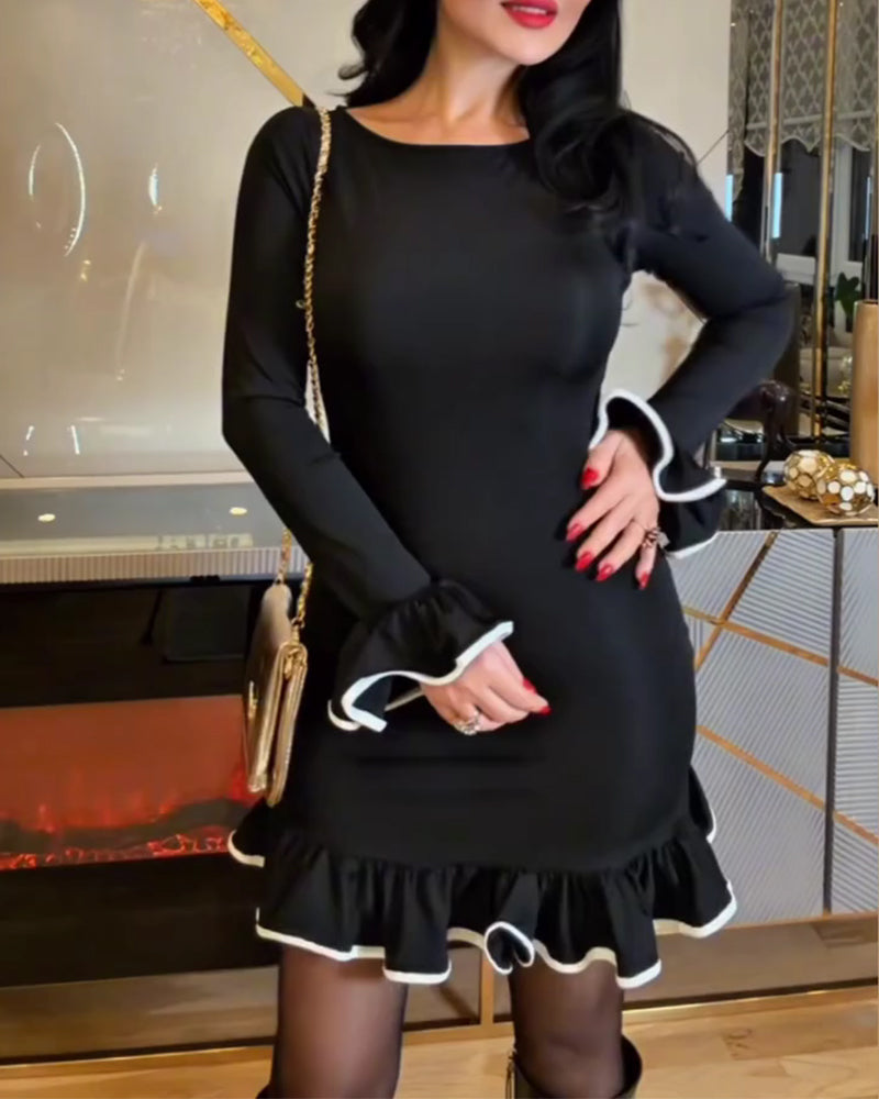 Slim-Fit Color-Block Lace Flounce Dress