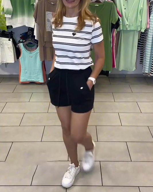 Casual Short-Sleeved Striped Shorts Set