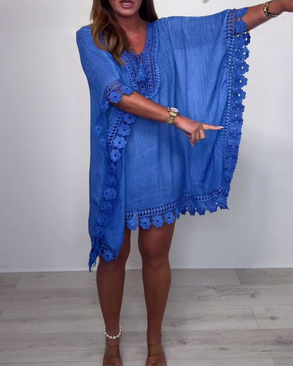 Einfarbiges Oberteil mit V-Ausschnitt und Fledermausärmeln