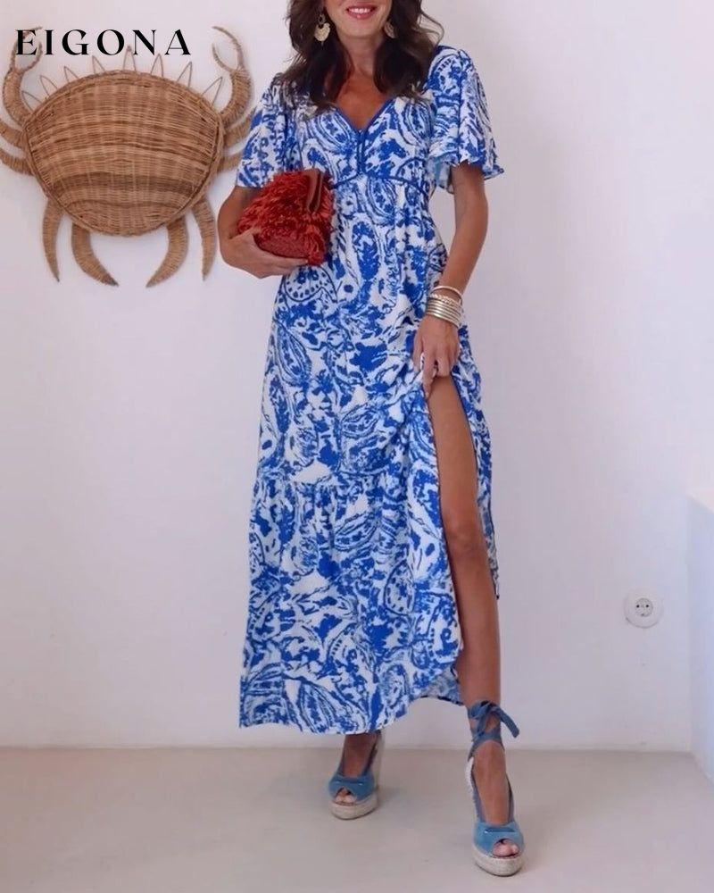 Fresh printed slim fit slit dress casual dresses summer