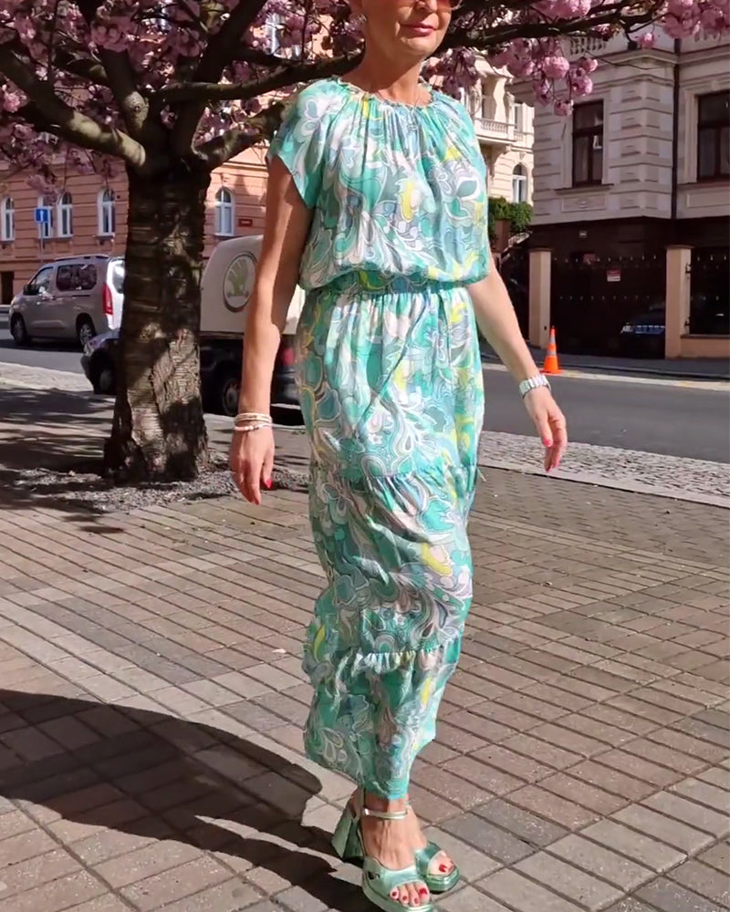 Short-sleeved round neck printed waist casual long dress casual dresses spring summer