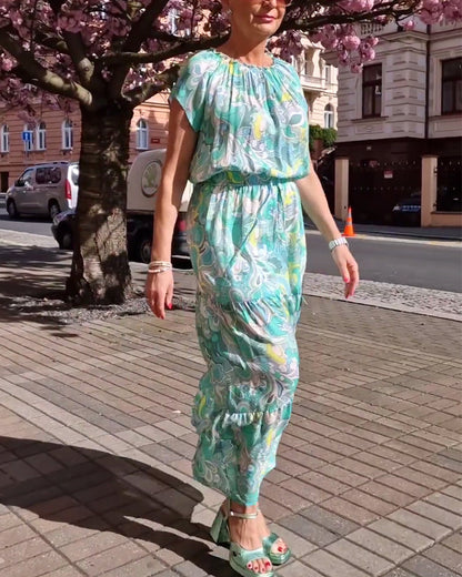 Short-sleeved round neck printed waist casual long dress casual dresses spring summer