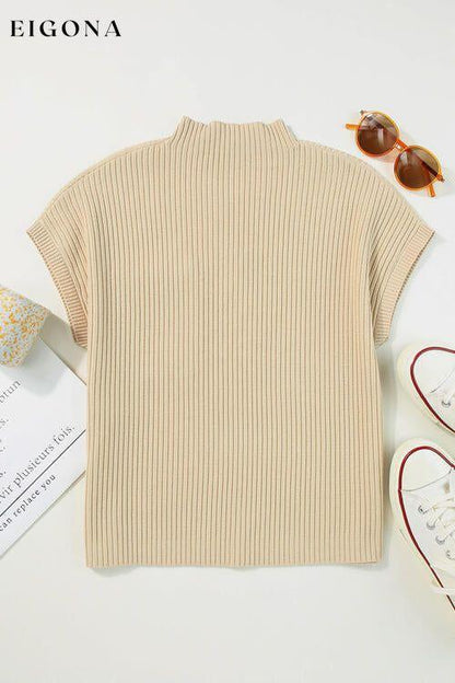 Ribbed Mock Neck Short Sleeve Knit Top clothes Ship From Overseas SYNZ