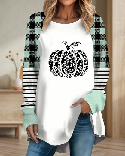 Casual colorblock pumpkin print long sleeve top 2024 f/w blouses & shirts halloween