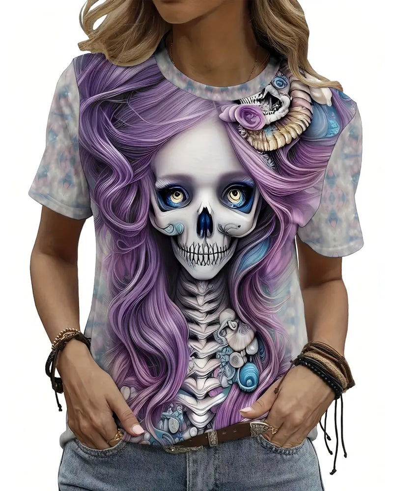 Cusual Skeleton Print Crew Neck T-Shirt 2024 f/w halloween spring summer t-shirts