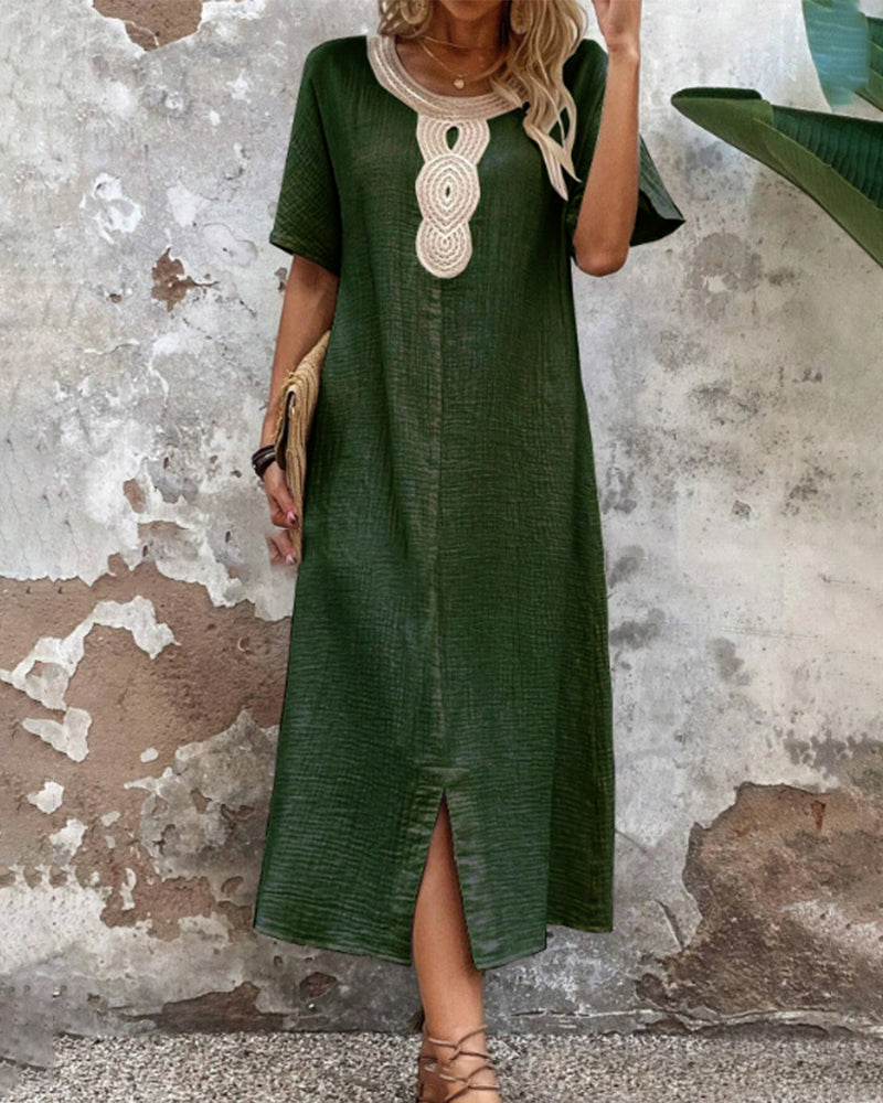 Solid color round neck slit dress casual dresses summer