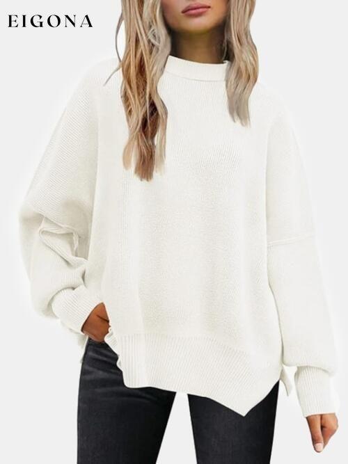 Round Neck Drop Shoulder Slit Sweater White clothes R.T.S.C Ship From Overseas Sweater sweaters Sweatshirt