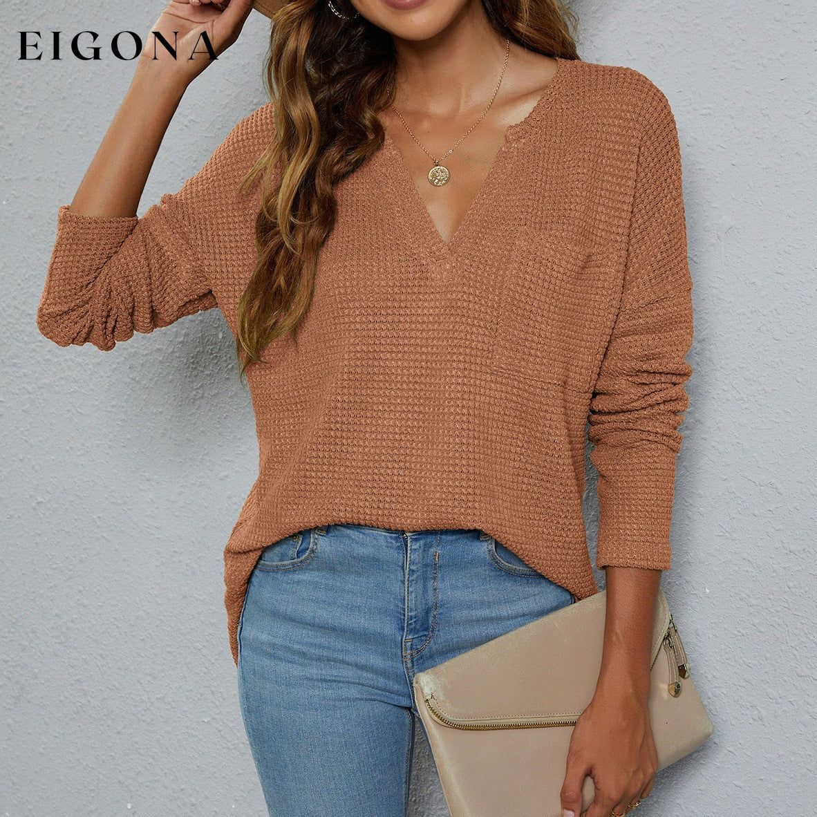 Dropped Shoulder High-Low Waffle-Knit Top Camel Changeable clothes long sleeve long sleeve shirts long sleeve top Ship From Overseas