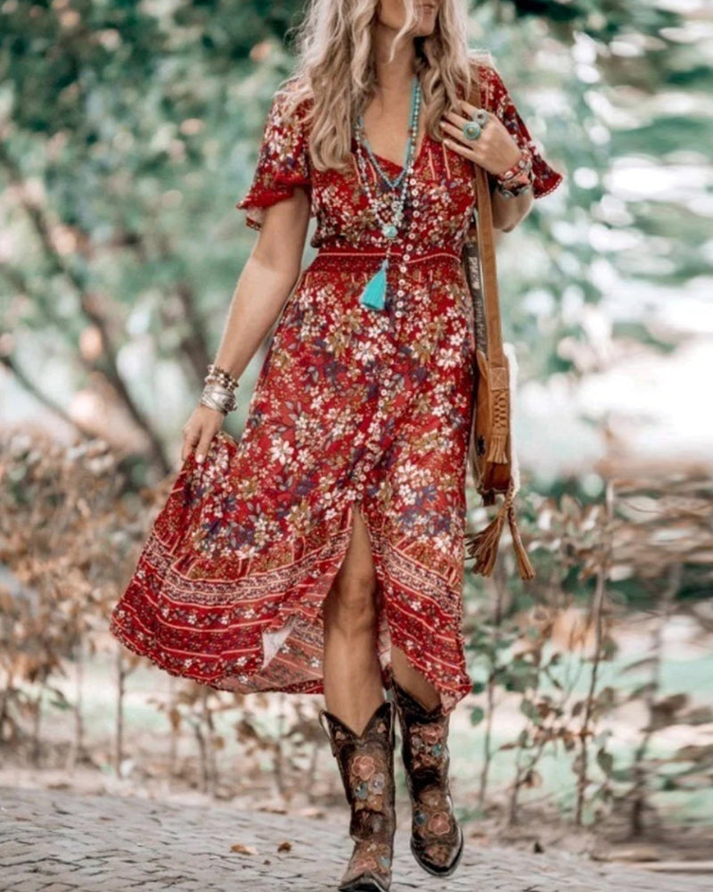 Boho printed short-sleeve slit dress 202466 boho dresses summer