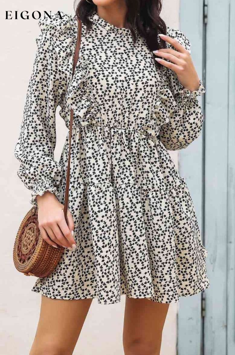 Printed Ruffle Trim Smocked Casual Long Sleeve Mini Dress Cream B&S casual dress casual dresses clothes dress dresses long sleeve dress long sleeve dresses long sleve dresses Ship From Overseas short dresses