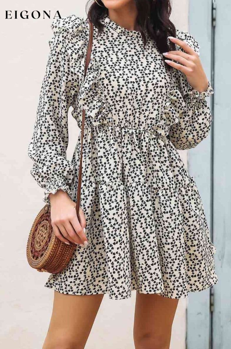 Printed Ruffle Trim Smocked Casual Long Sleeve Mini Dress B&S casual dress casual dresses clothes dress dresses long sleeve dress long sleeve dresses long sleve dresses Ship From Overseas short dresses