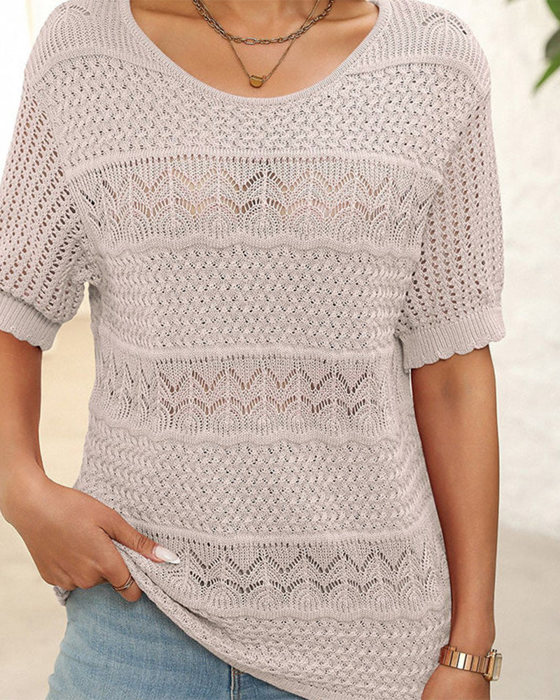 Women's Round Neck Hollow Knit Crochet Short Sleeve Sweater