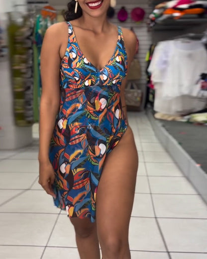 Costume da bagno intero con spalline stampate colorate