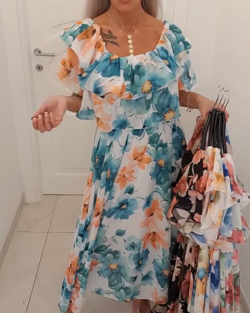 Watercolor Floral Off-Shoulder Cake Long Dress