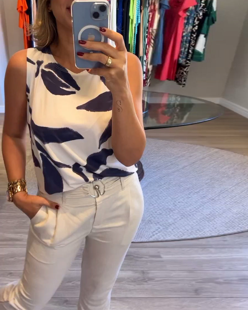 Sleeveless Crew Neck Printed Vest