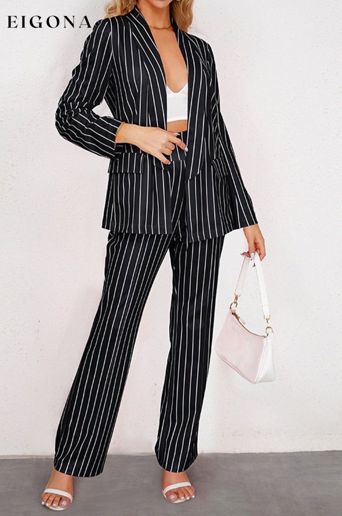 Striped Long Sleeve Top and Pants Set Black 2 pieces clothes H.Y.G@E setv Ship From Overseas Shipping Delay 09/29/2023 - 10/03/2023 trend