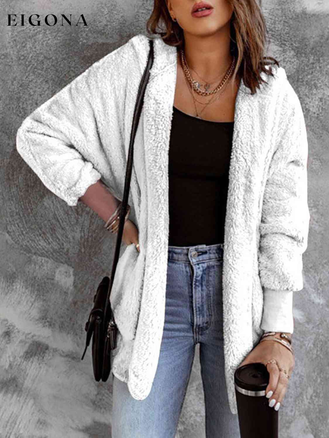 Open Front Hooded Faux Fur Outwear with Pockets White clothes Ship From Overseas Y@S@M