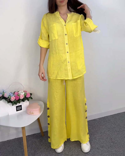 Solid color button pocket lace blouse wide leg pants set spring summer two-piece sets