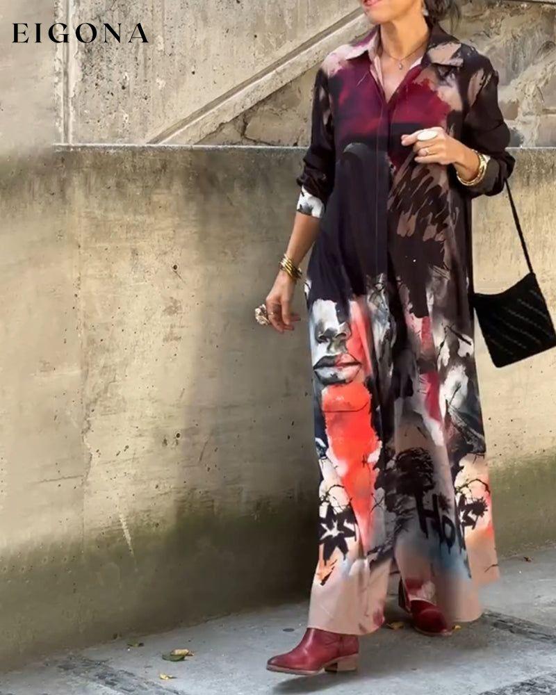 Graffiti print lapel casual long dress casual dresses spring summer