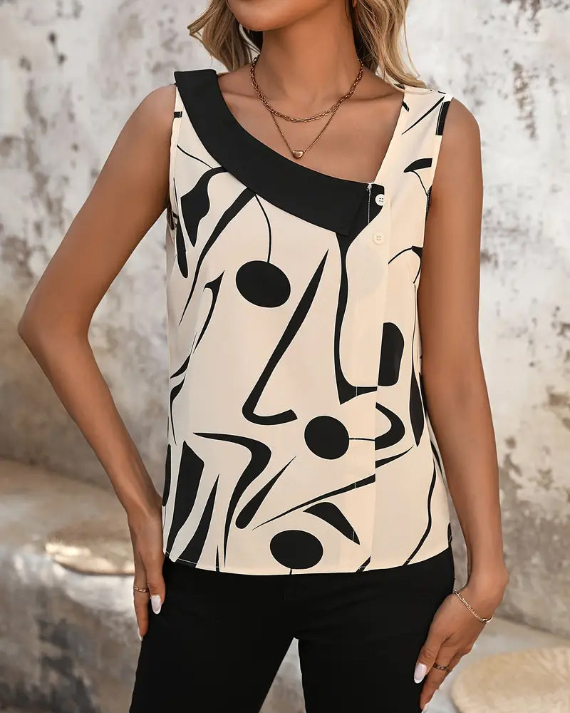 Ärmelloses Top mit schrägem Kragen und Print