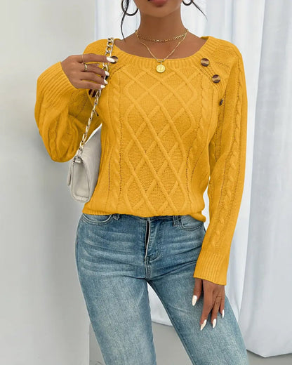 Einfarbiger Zopfmusterpullover mit Raglanärmeln und Schnalle