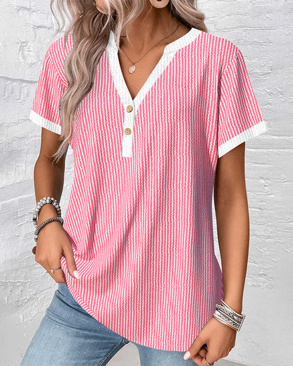 Stand-Up Collar Short-Sleeved Striped Blouse