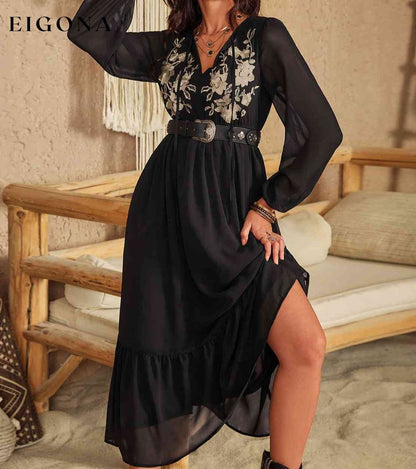 Floral V-Neck Balloon Sleeve Midi Dress Black clothes H.R.Z Ship From Overseas