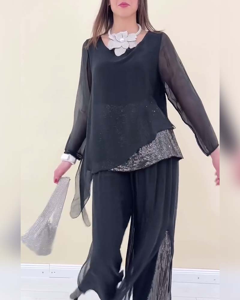 Langärmliger, einfarbiger Anzug mit Pailletten