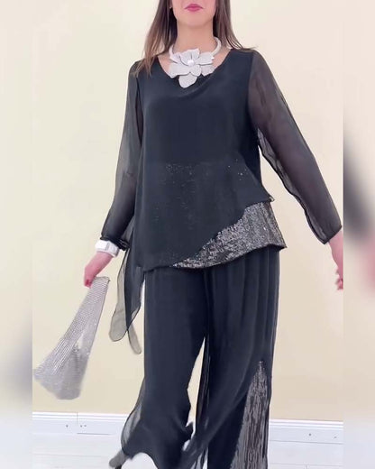 Langärmliger, einfarbiger Anzug mit Pailletten