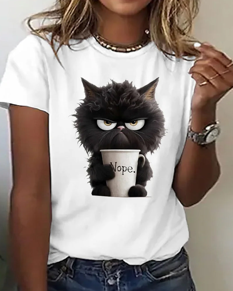 Casual cat crew neck short sleeve T-shirt 2024 f/w cute animals spring summer t-shirts