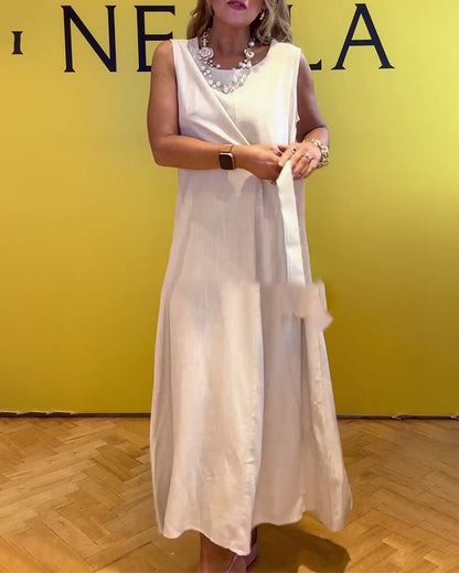 Ärmelloses, einfarbiges Kleid aus Baumwolle und Leinen