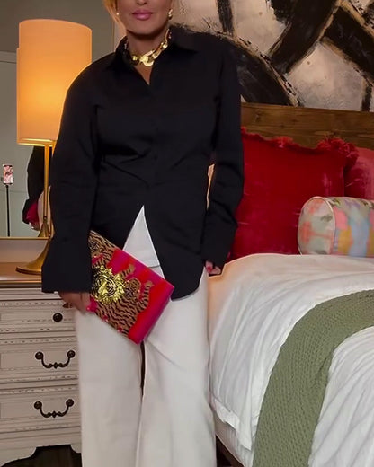 Back-Tie Collared Solid-Color Shirt