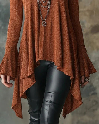 Flared Long Sleeve Asymmetrical Hem Top