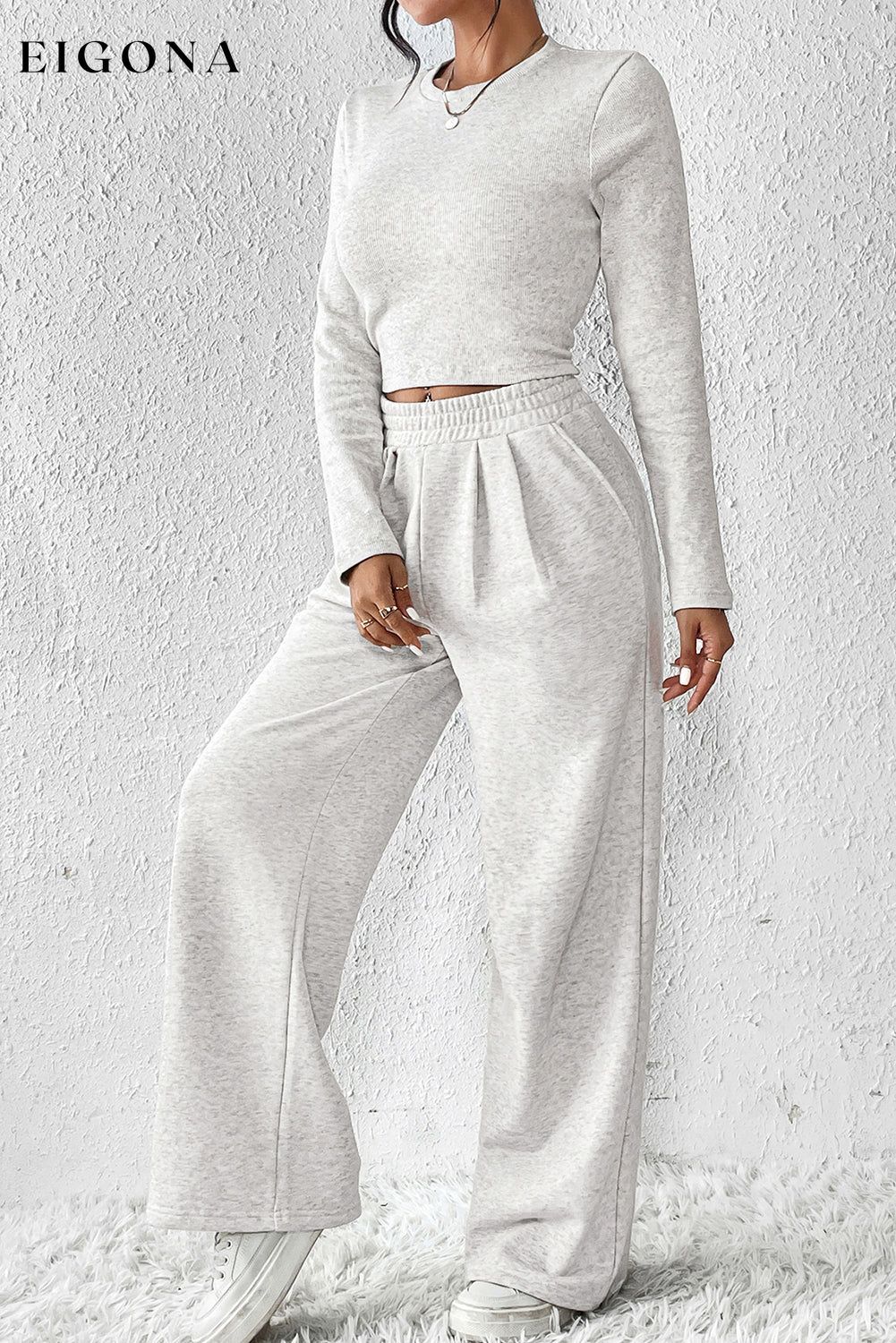 Beige Crop Top and Wide Leg Pants Two Piece Set All In Stock clothes EDM Monthly Recomend Hot picks lounge lounge wear lounge wear sets loungewear loungewear sets Occasion Daily Print Solid Color Season Winter sets Silhouette Wide Leg Style Casual